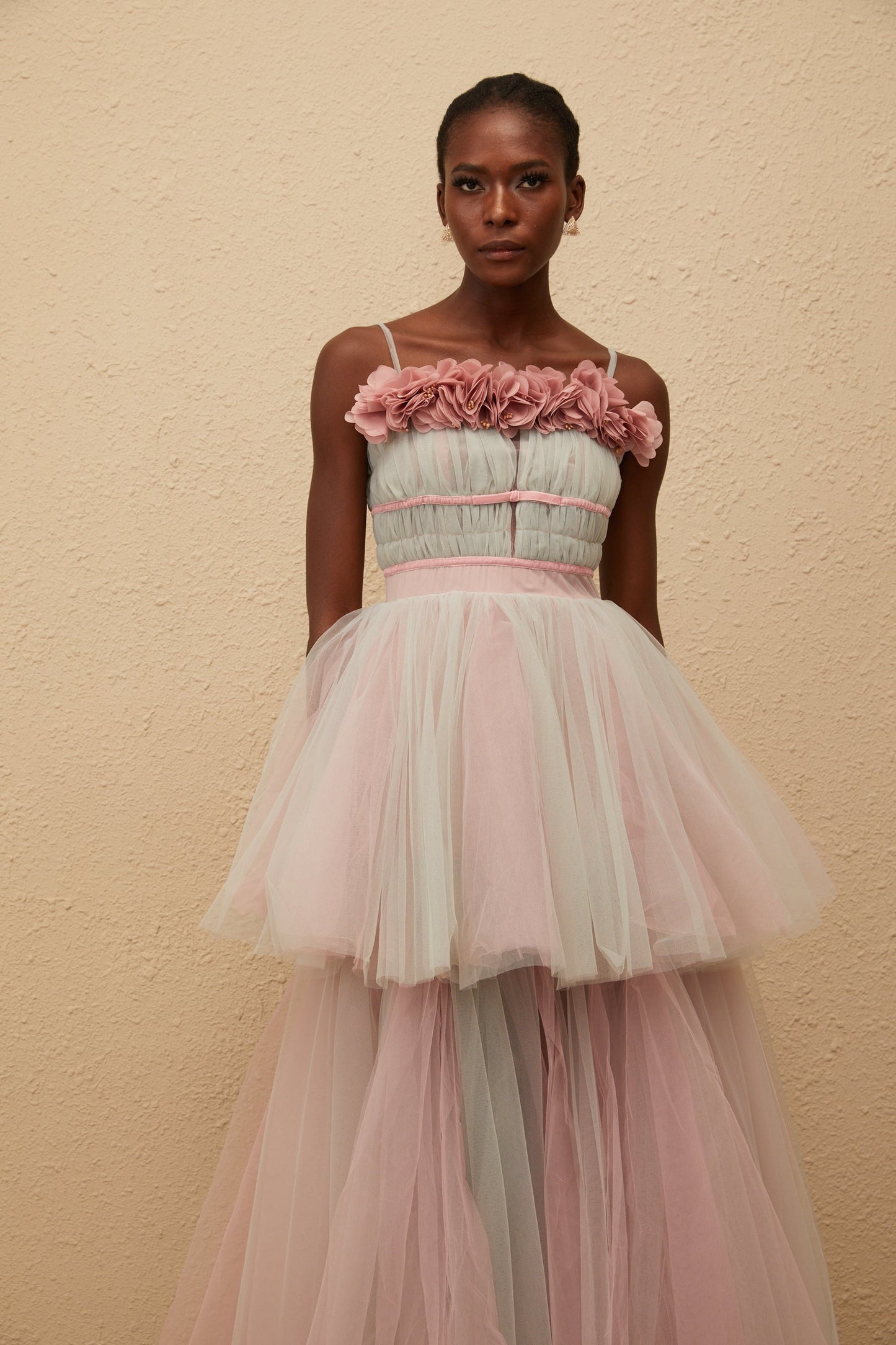 Hermione Grey 3D Petal Tulle Maxi Dress