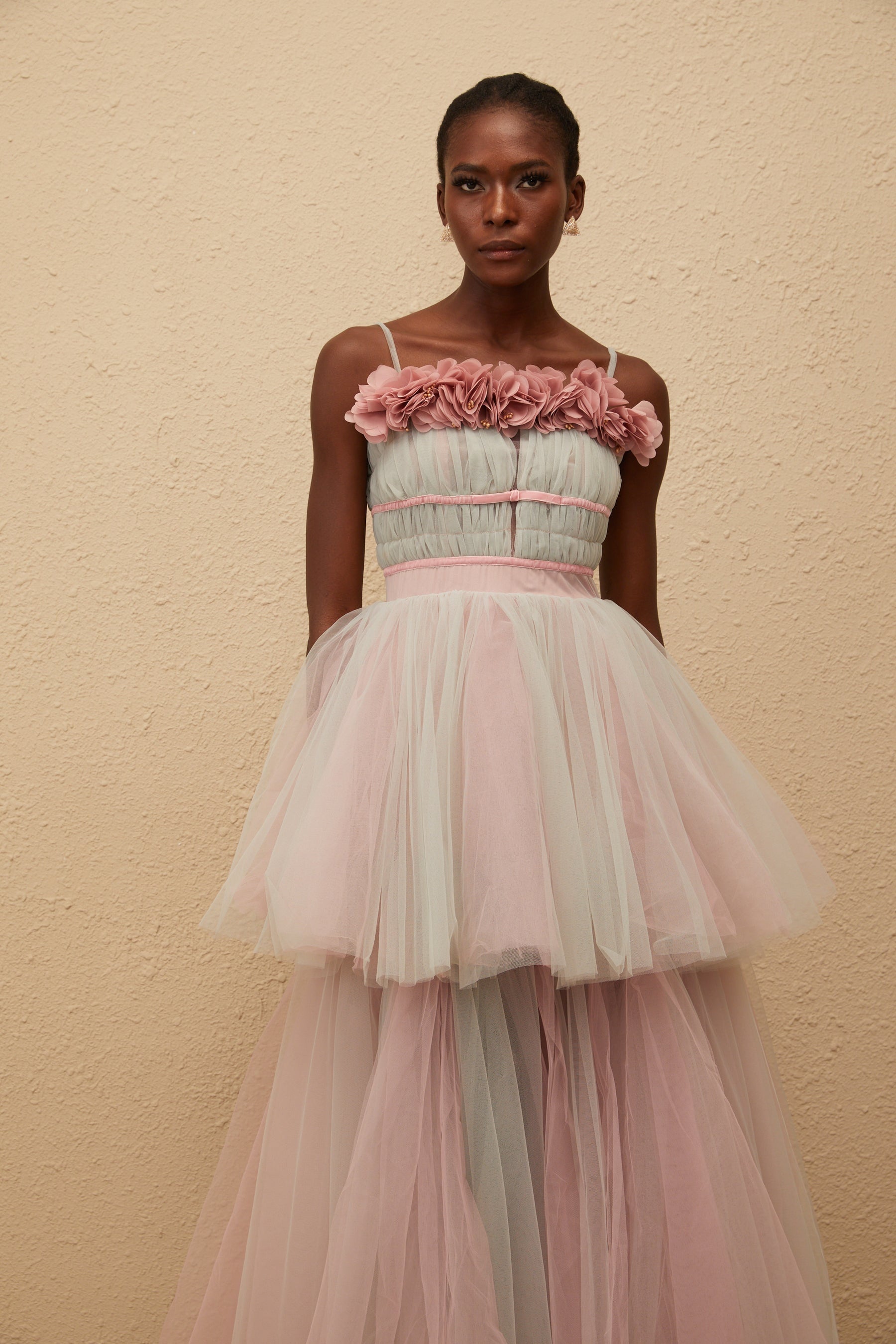 Hermione Grey 3D Petal Tulle Maxi Dress