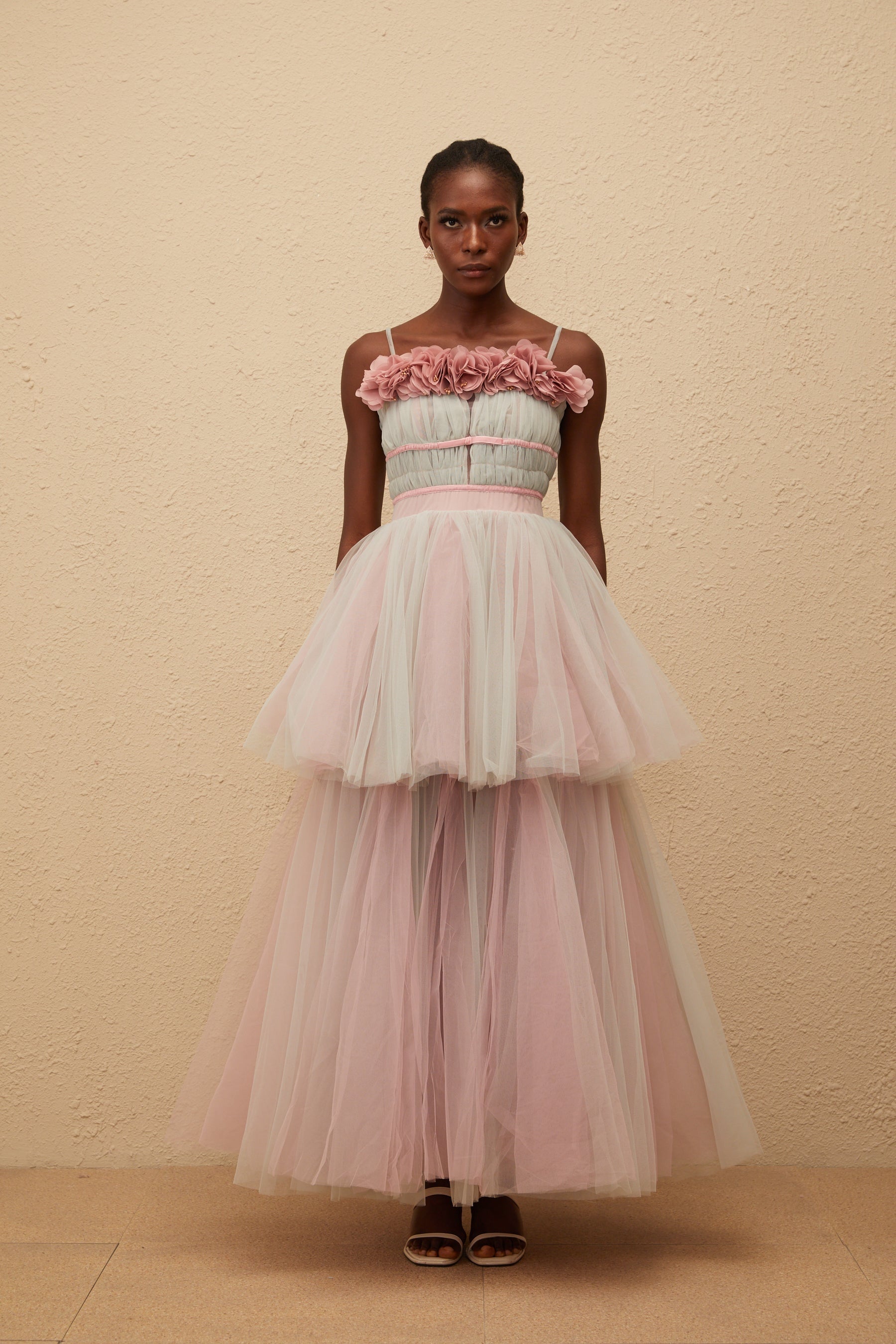 Hermione Grey 3D Petal Tulle Maxi Dress