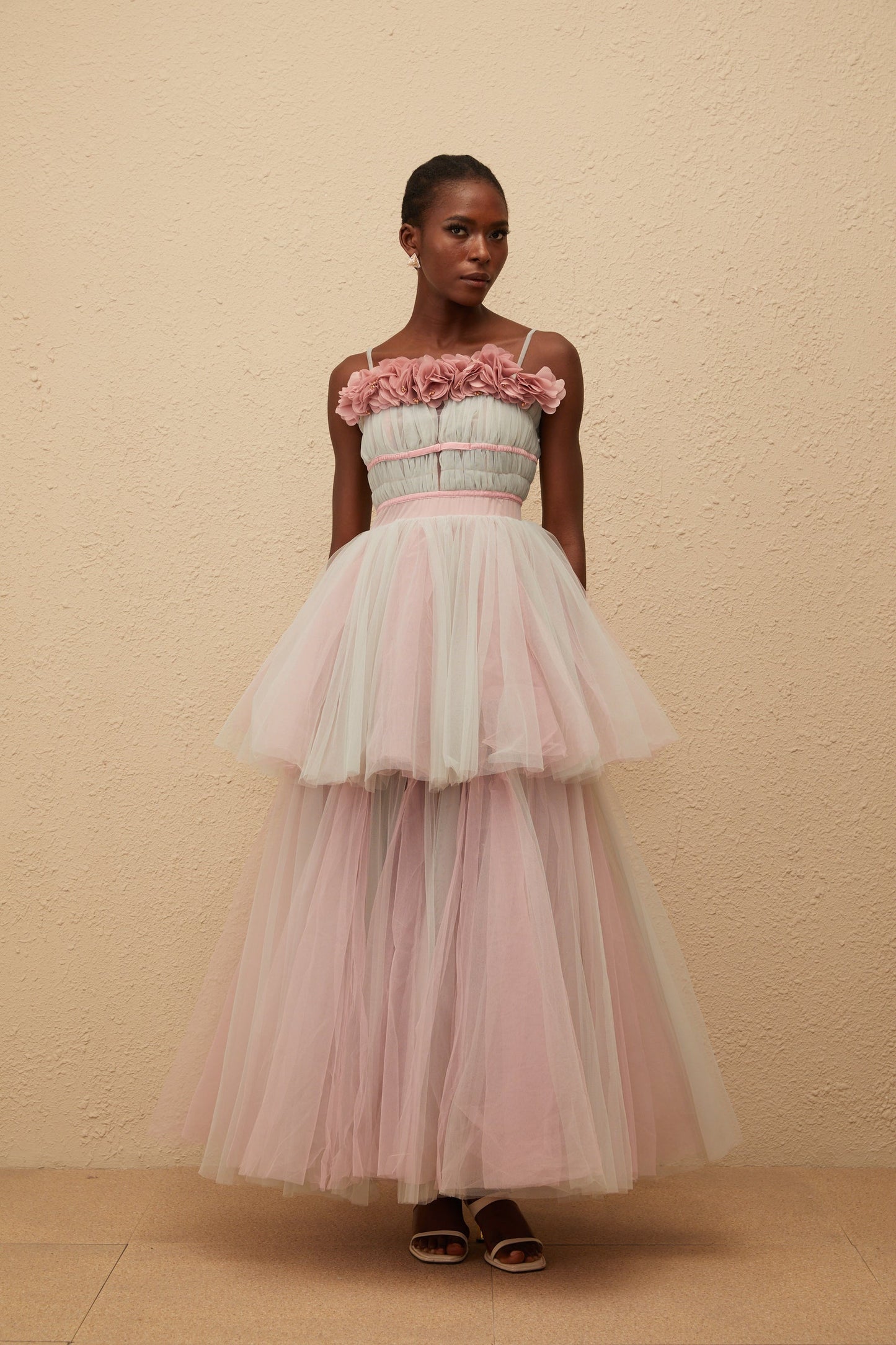 Hermione Grey 3D Petal Tulle Maxi Dress