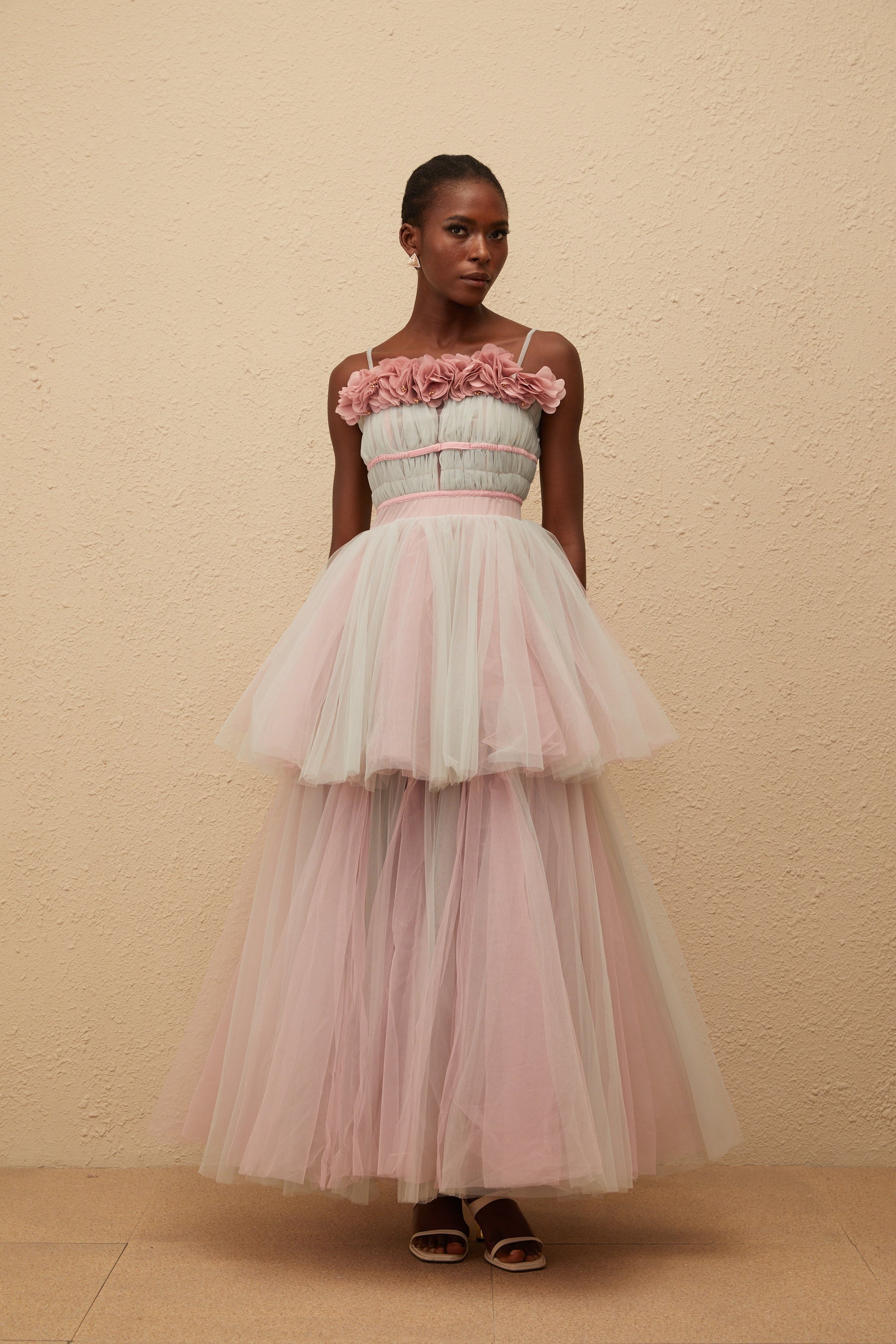 Hermione Grey 3D Petal Tulle Maxi Dress