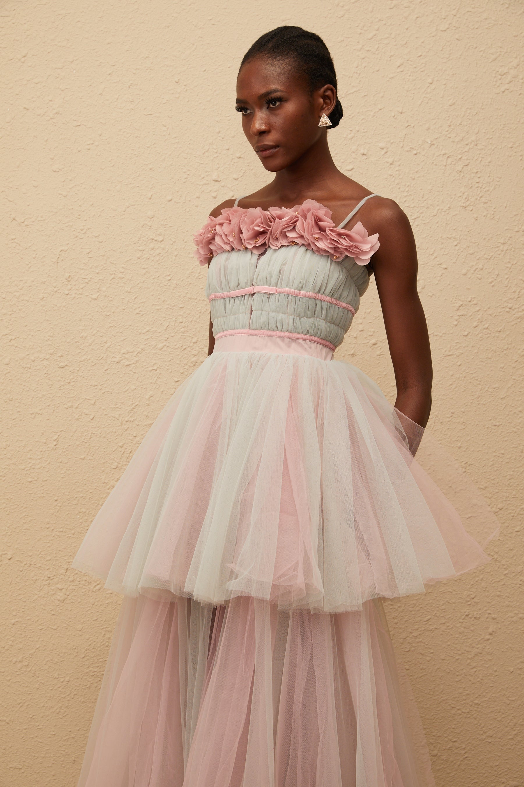 Hermione Grey 3D Petal Tulle Maxi Dress