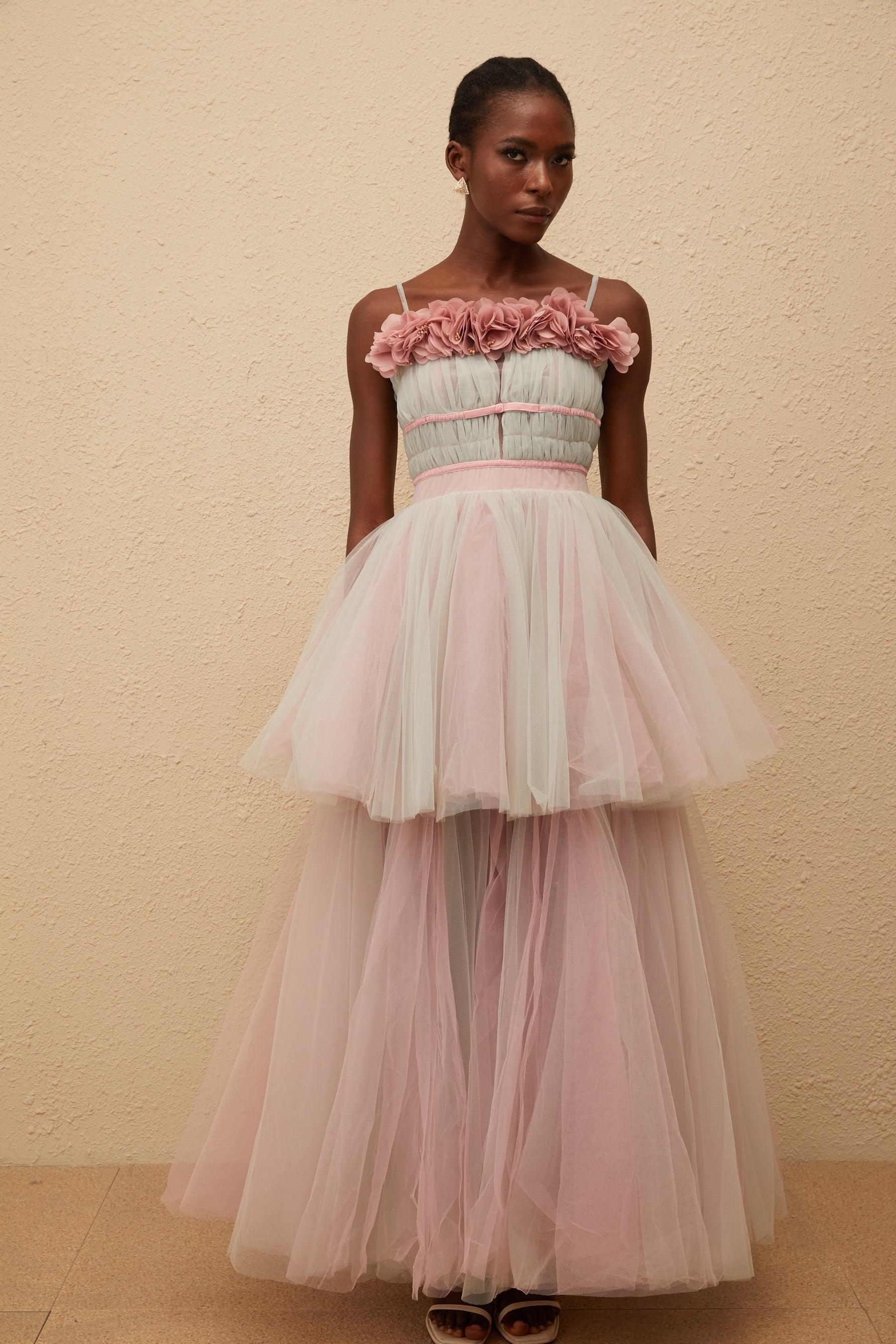 Hermione Grey 3D Petal Tulle Maxi Dress