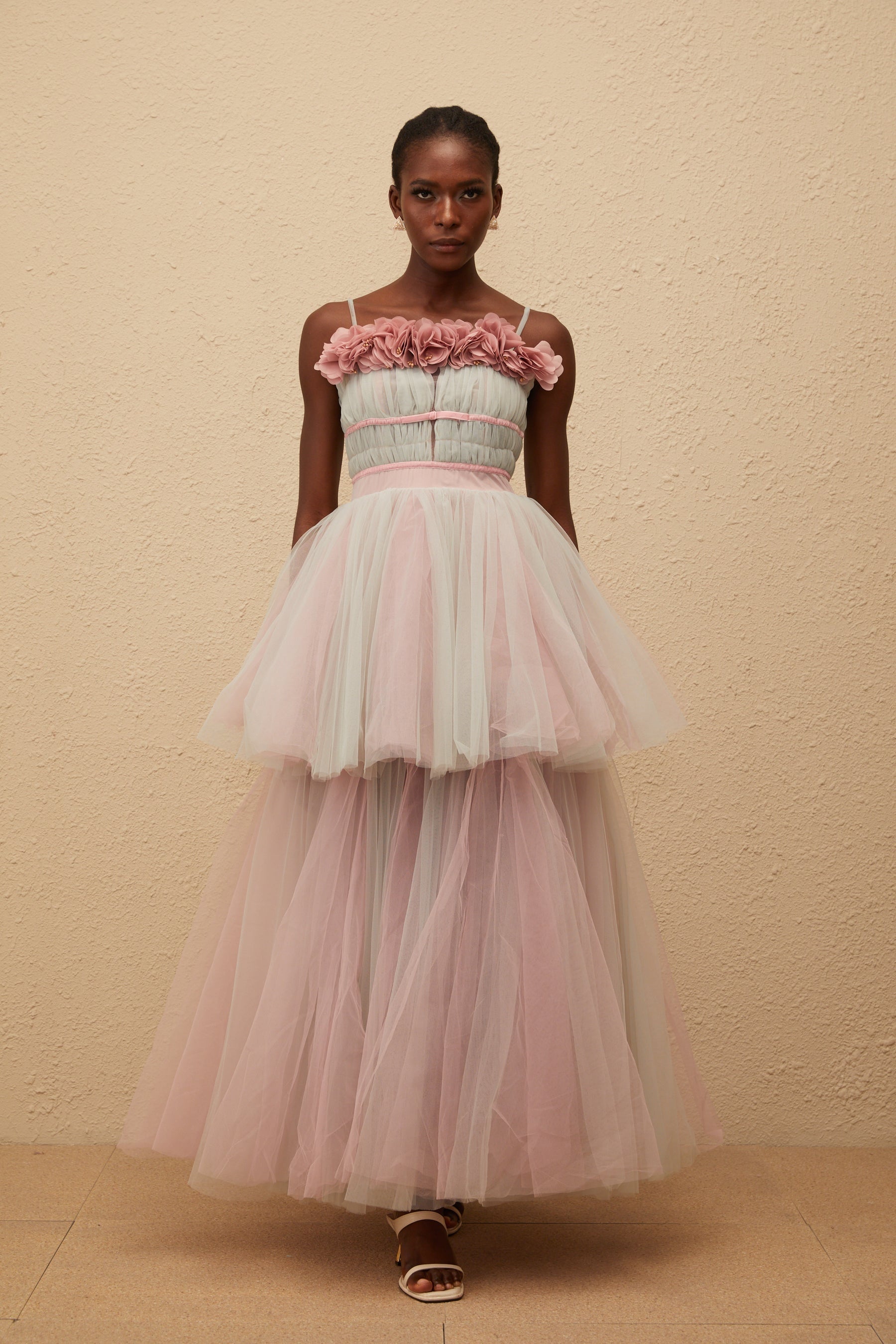 Hermione Grey 3D Petal Tulle Maxi Dress