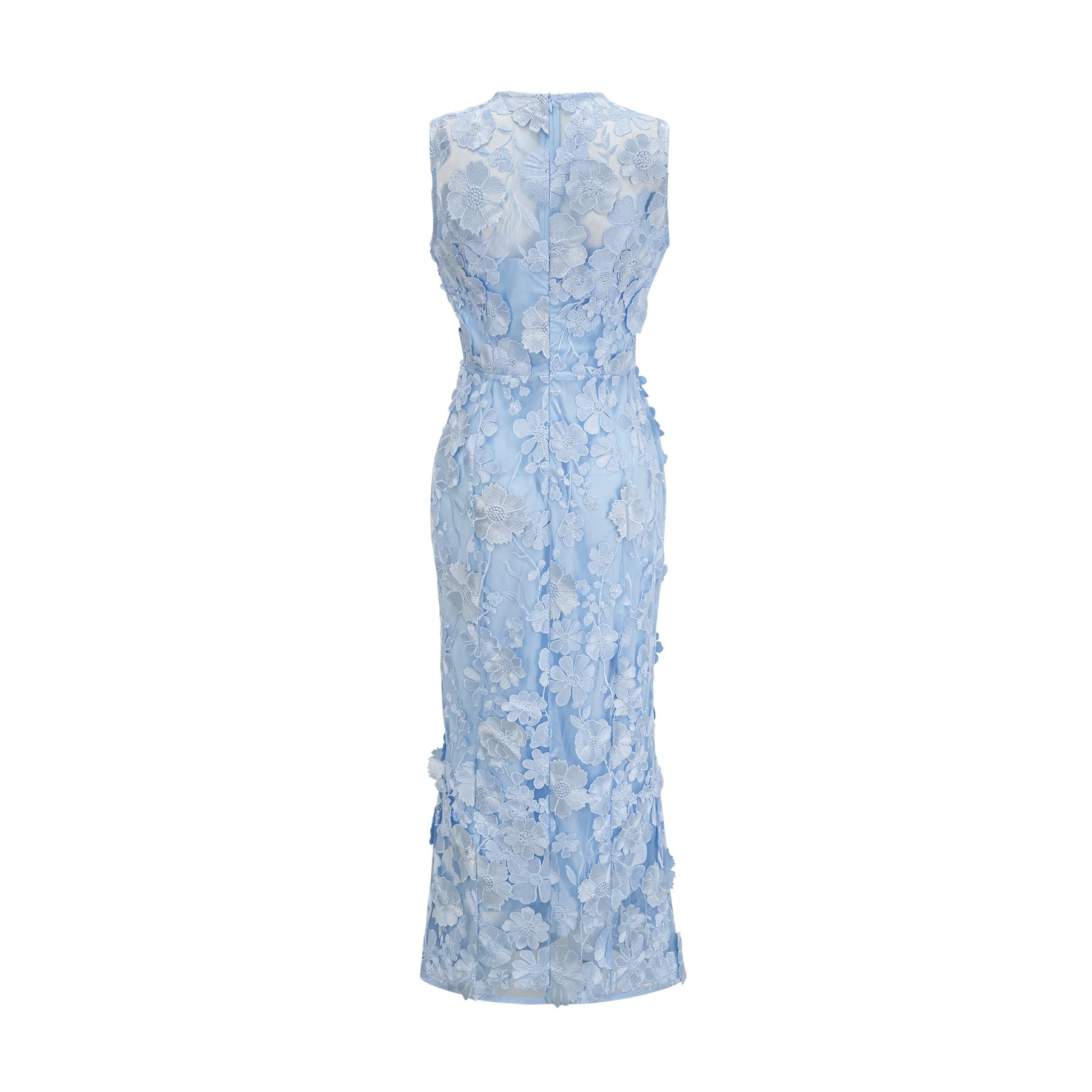 Herta blue dress with floral appliques reaching mid calf length on model against plain background