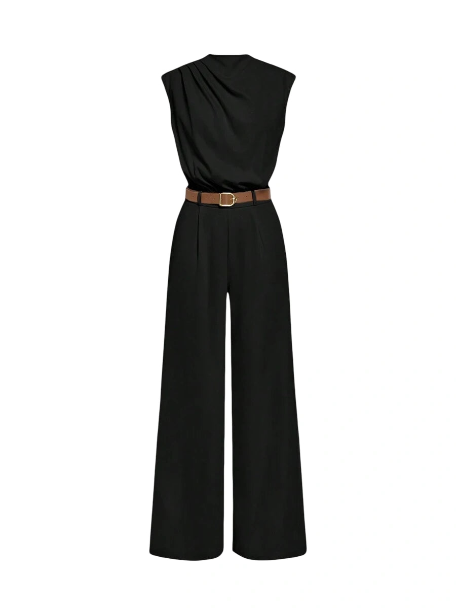 HIGH NECK SOLID POCKET JUMPSUIT WITH BELT