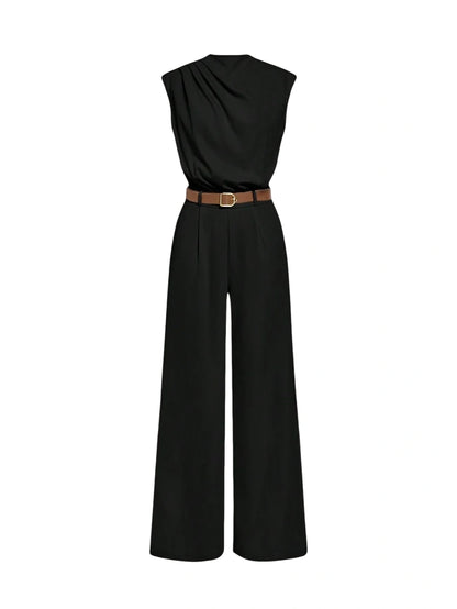 HIGH NECK SOLID POCKET JUMPSUIT WITH BELT