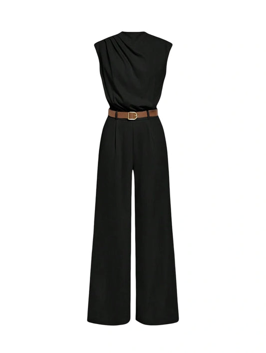 HIGH NECK SOLID POCKET JUMPSUIT WITH BELT