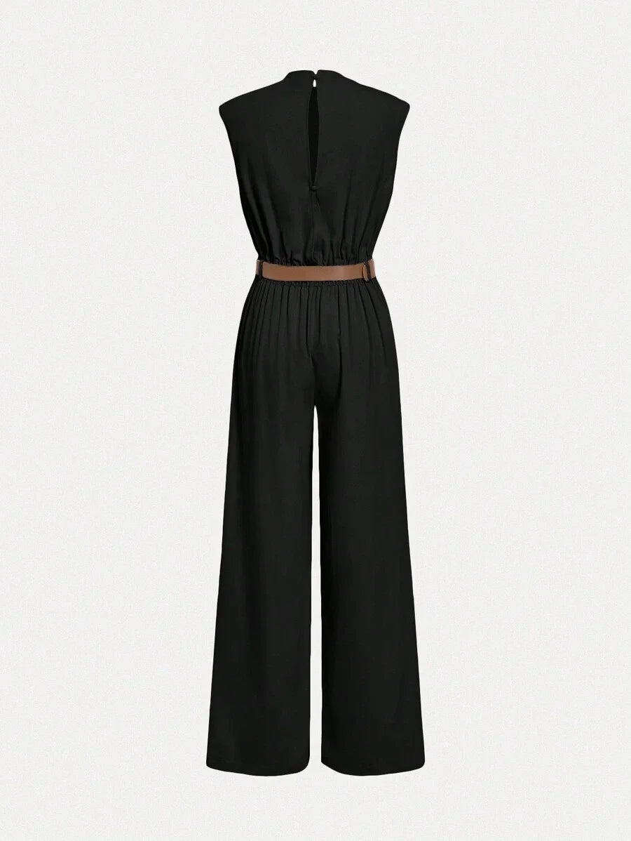 HIGH NECK SOLID POCKET JUMPSUIT WITH BELT