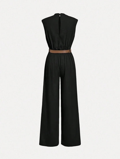 HIGH NECK SOLID POCKET JUMPSUIT WITH BELT