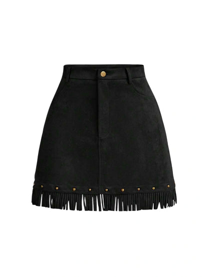 High Waist ALine Faux Suede Fringed Hem Skirt