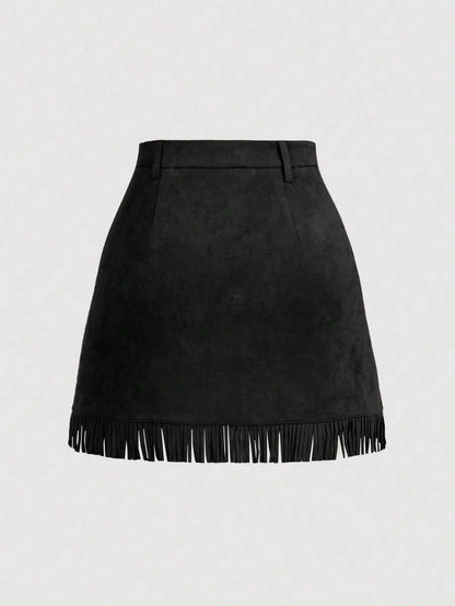 High Waist ALine Faux Suede Fringed Hem Skirt