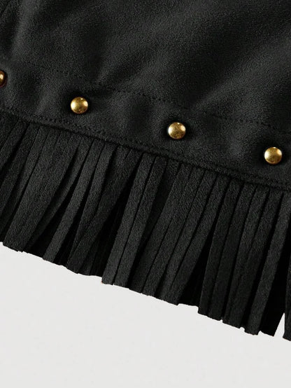 High Waist ALine Faux Suede Fringed Hem Skirt