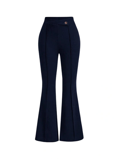 High Waist Flare Leg Navy Toothpick Pleats Pants