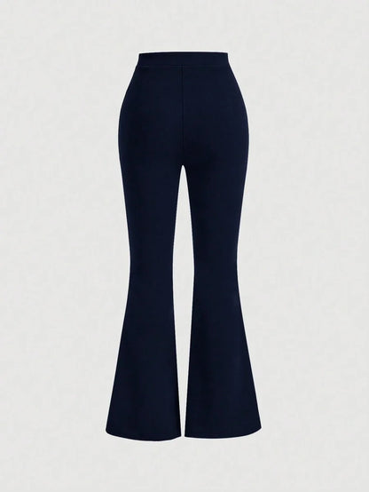 High Waist Flare Leg Navy Toothpick Pleats Pants