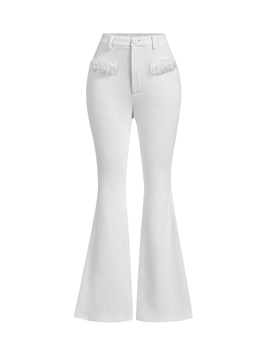 High Waist Fluffy Furry Trim White Flared PantsPetite Women PantsWinter Women PantsGoing Out
