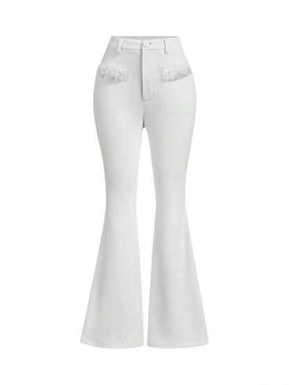 High Waist Fluffy Furry Trim White Flared PantsPetite Women PantsWinter Women PantsGoing Out