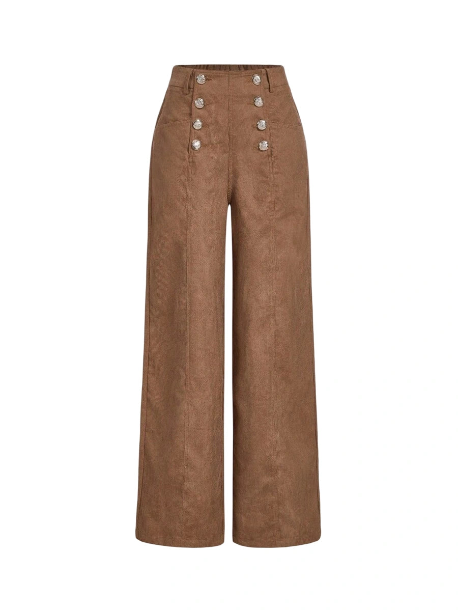 High Waist Front Button Decor Pocket Wide Leg PantsWestern Clothes For WomenBrown Wide Leg
