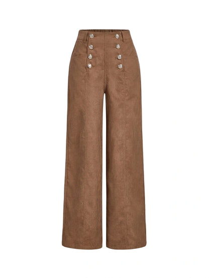 High Waist Front Button Decor Pocket Wide Leg PantsWestern Clothes For WomenBrown Wide Leg