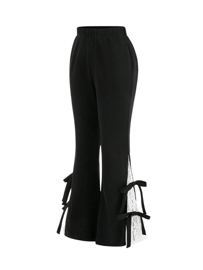 High Waisted Lace Spliced Flare Pants With Bow Detail Decor Fashionable And Sweet