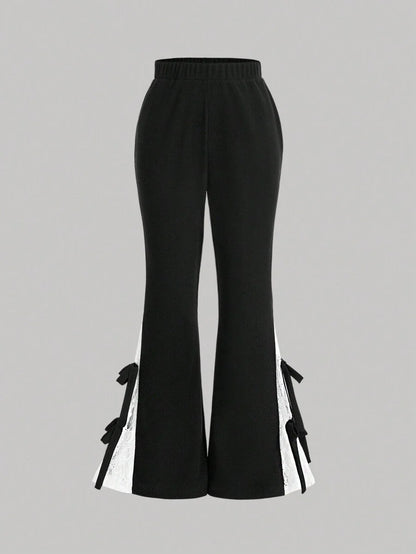 High Waisted Lace Spliced Flare Pants With Bow Detail Decor Fashionable And Sweet