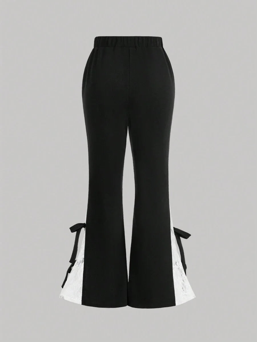 High Waisted Lace Spliced Flare Pants With Bow Detail Decor Fashionable And Sweet