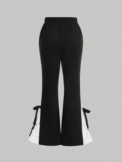 High Waisted Lace Spliced Flare Pants With Bow Detail Decor Fashionable And Sweet