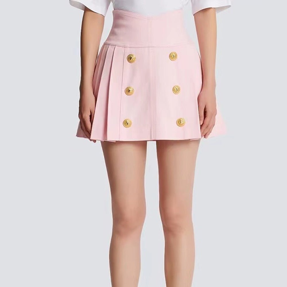 High - Waisted Pleated Skirt with Gold Buttons - Pink