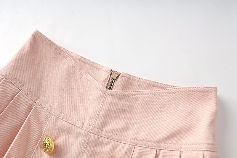 High - Waisted Pleated Skirt with Gold Buttons - Pink