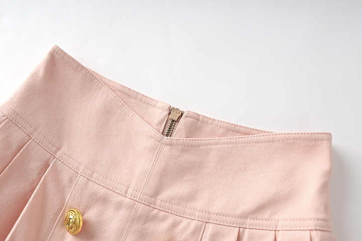 High - Waisted Pleated Skirt with Gold Buttons - Pink