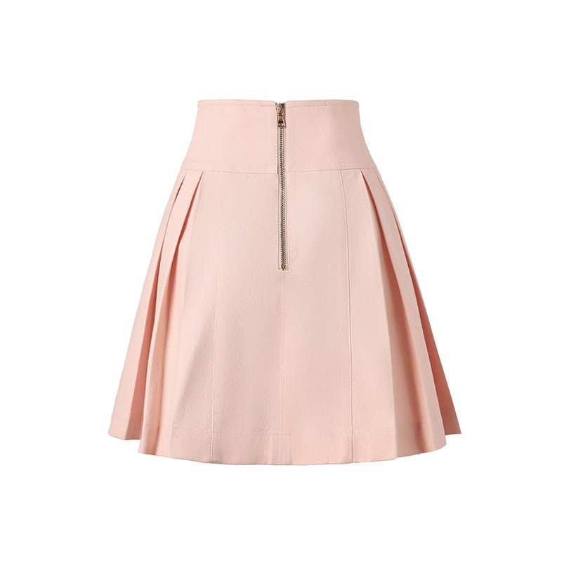 High - Waisted Pleated Skirt with Gold Buttons - Pink