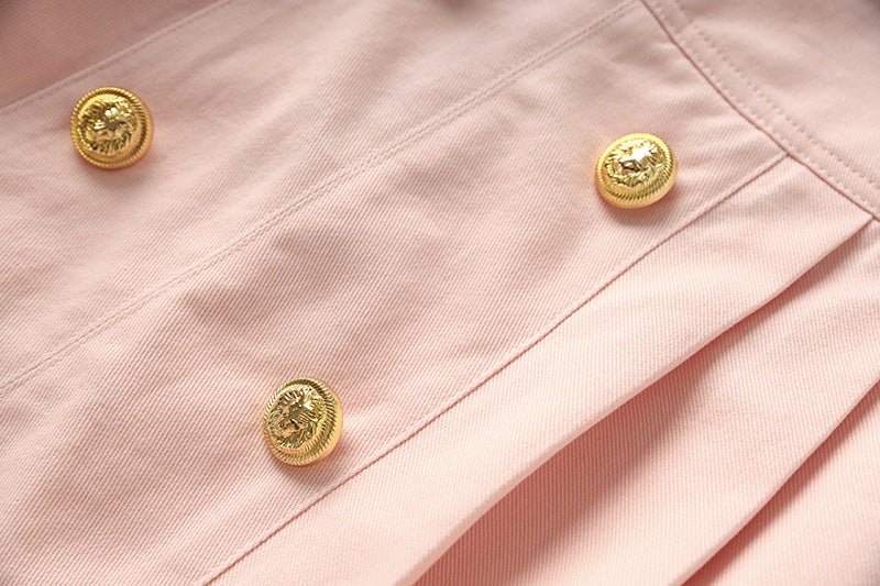 High - Waisted Pleated Skirt with Gold Buttons - Pink
