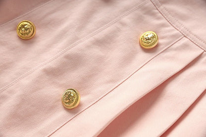 High - Waisted Pleated Skirt with Gold Buttons - Pink
