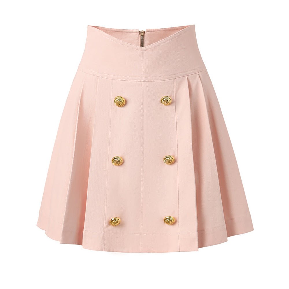 High - Waisted Pleated Skirt with Gold Buttons - Pink