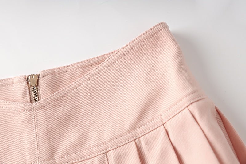 High - Waisted Pleated Skirt with Gold Buttons - Pink
