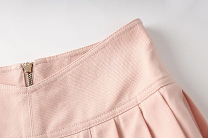 High - Waisted Pleated Skirt with Gold Buttons - Pink
