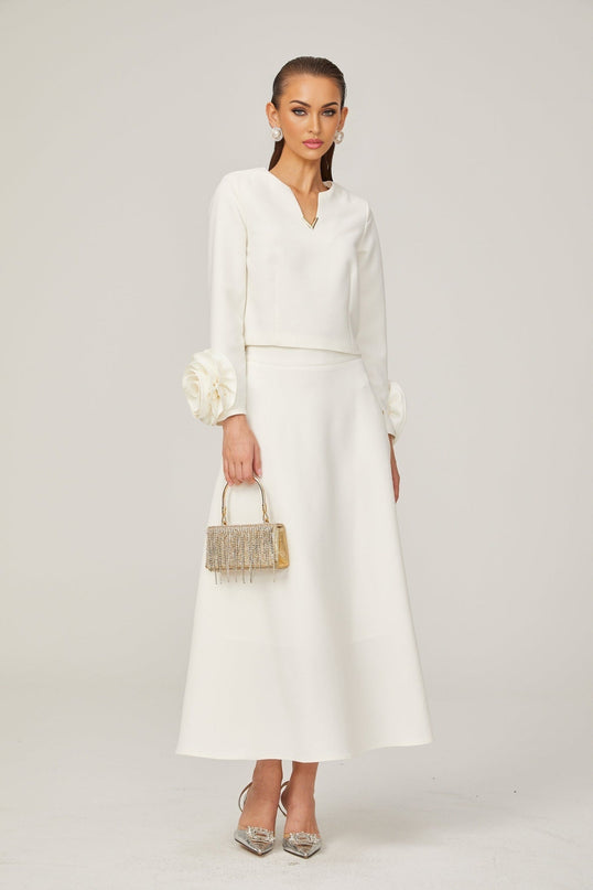 Hilaire white 3dpetal top  skirt matching set