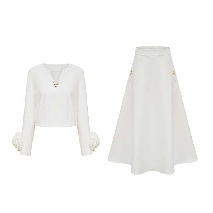 Hilaire white 3dpetal top  skirt matching set