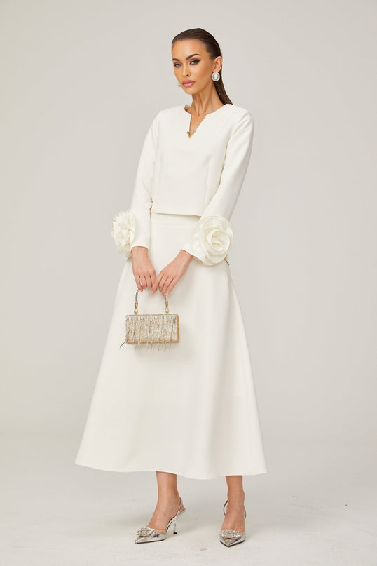 Hilaire white 3dpetal top  skirt matching set