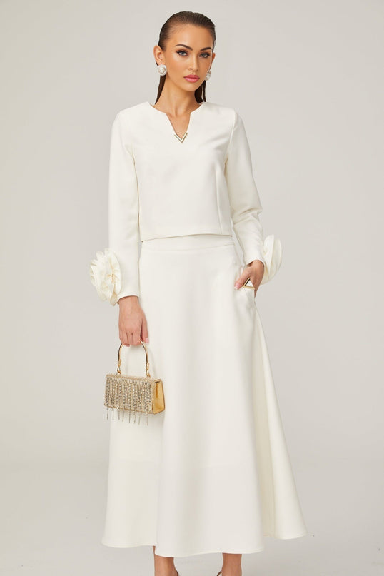 Hilaire white 3dpetal top  skirt matching set