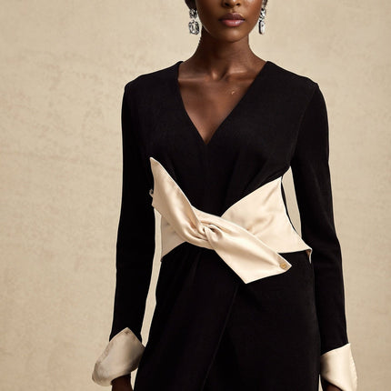 Holland Black Contrast Maxi Dress with V-Neck and Bow Detailing