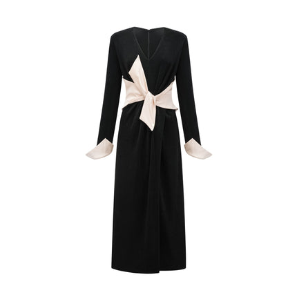 Holland Black Corset Maxi Dress with Bow Embellishment and High Slit in Terylene Fiber