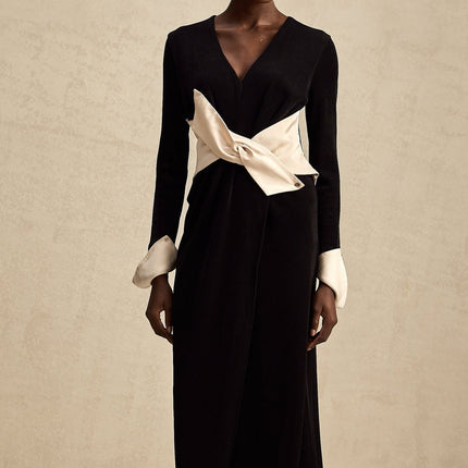 Holland Black Corset Maxi Dress with Bow Embellishment and High Slit in Terylene Fiber