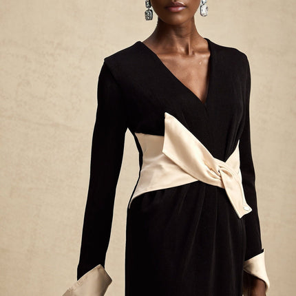 Holland Black Corset Style Maxi Dress with Bow Embellishment and High Slit in Terylene Fiber