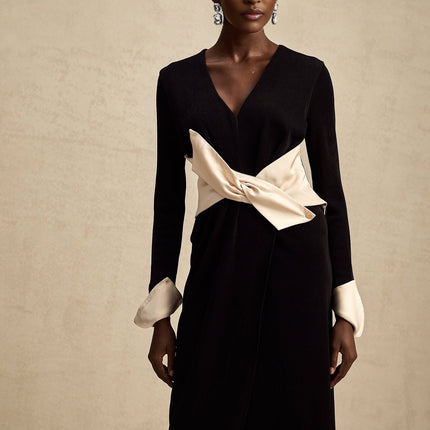 Holland Black Corset Style Maxi Dress with Bow Embellishment and High Slit in Luxurious Terylene Fiber