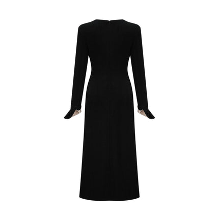 Holland Black Corset Style Maxi Dress with Bow Embellishment and High Slit in Luxurious Terylene Fiber