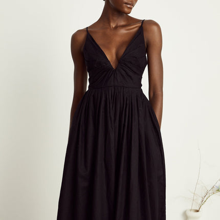 Holland Black Linen Smocked Pleated Midi Dress