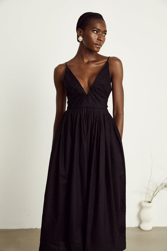 Holland Black Linen Smocked Pleated Midi Dress