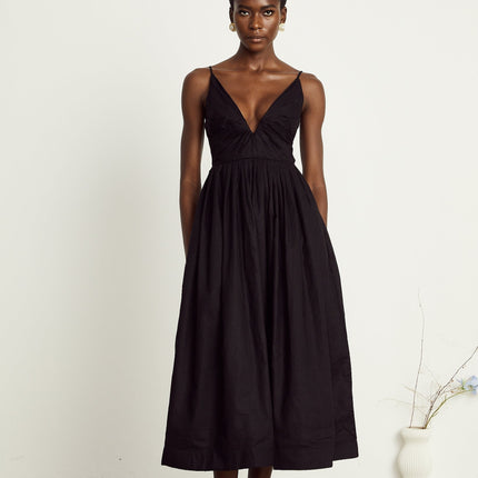 Holland Black Linen Smocked Pleated Midi Dress