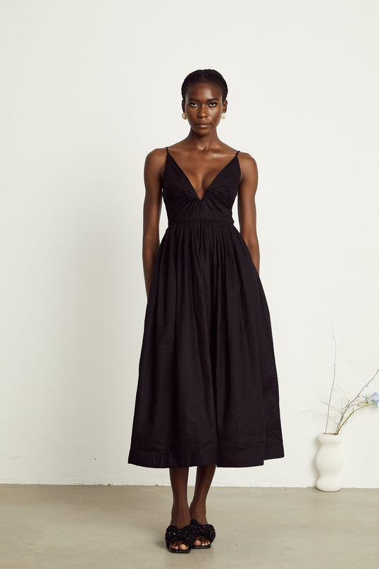Holland Black Linen Smocked Pleated Midi Dress